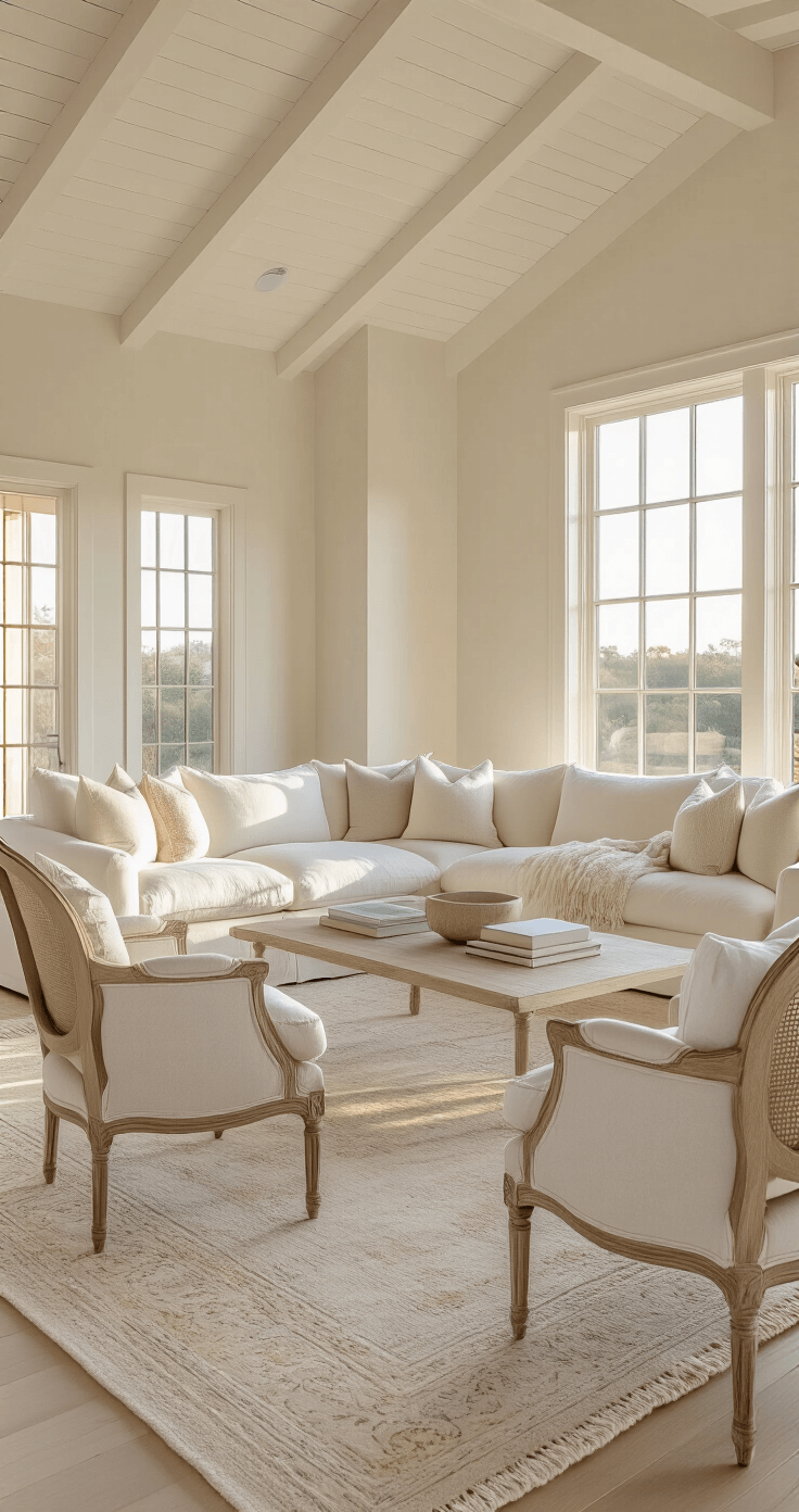 A serene living space at sunrise features walls painted in Benjamin Moore White Dove, a plush natural linen sectional with textured pillows, twin bergère chairs in weathered oak and cream linen, and a vintage overdyed rug in pale ivory. The golden hour light enhances the ethereal atmosphere with dramatic shadows, emphasizing the spaciousness and elegant decor.
