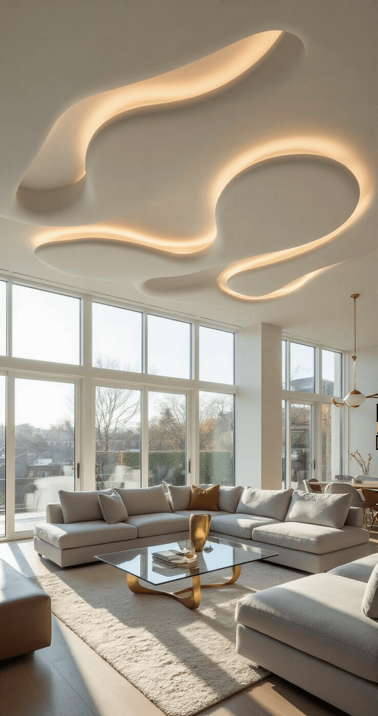 A modern living room with a sculptural matte white false ceiling featuring organic curves, illuminated by late afternoon sunlight through floor-to-ceiling windows, showcasing a pearl gray sectional sofa and glass coffee table.