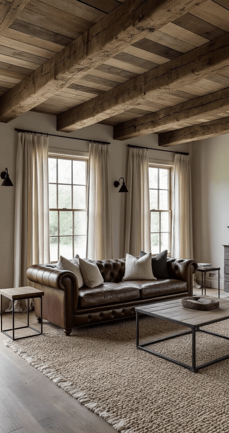 A rustic-modern living room with exposed reclaimed wooden beams, featuring a leather Chesterfield sofa, industrial metal side tables, and wool textured throws, illuminated by morning light filtering through sheer linen curtains.