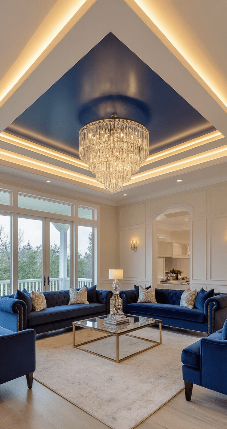 A sophisticated living room with a multi-tiered tray ceiling in twilight blue and cream, featuring LED cove lighting, contemporary navy and gold furnishings, and a crystal pendant light, captured from a low angle to emphasize ceiling details and layered illumination.