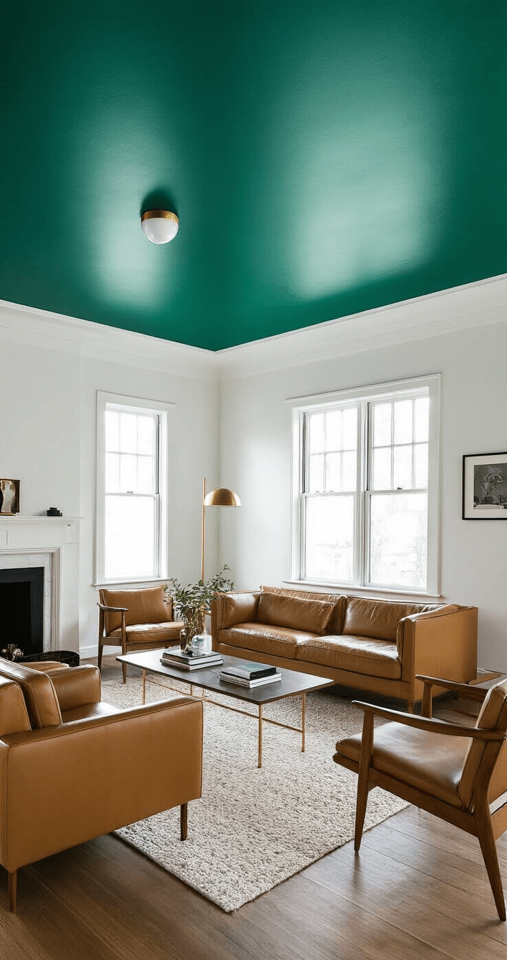 A spacious living room featuring a deep emerald green ceiling and white walls, furnished with mid-century modern tan leather furniture and brass accents, illuminated by afternoon light creating a metallic sheen, captured in a wide-angle view.