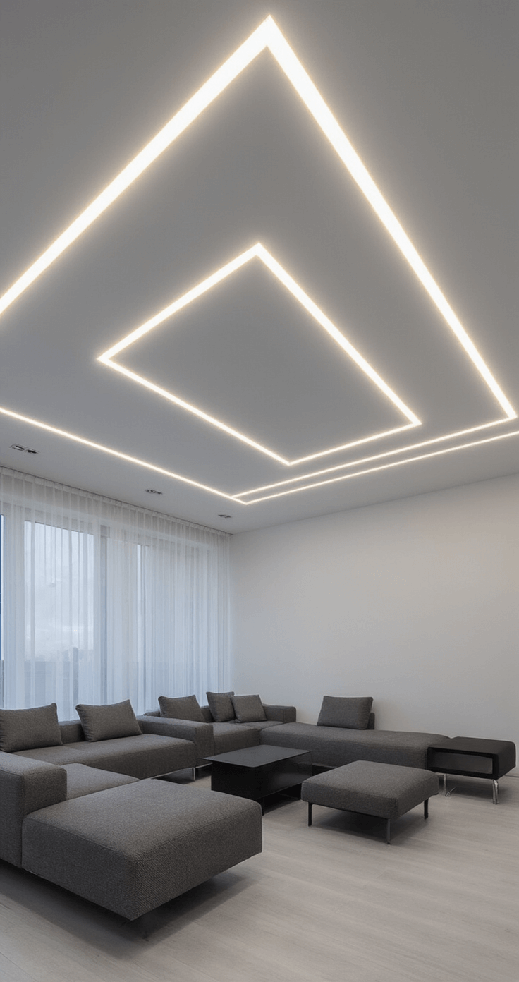 A spacious modern living room featuring a minimalist white ceiling with a geometric LED lighting installation, showcasing soft glowing linear patterns. Monochromatic gray and black furniture adds contrast, viewed from the center of the room and pulled back for context.
