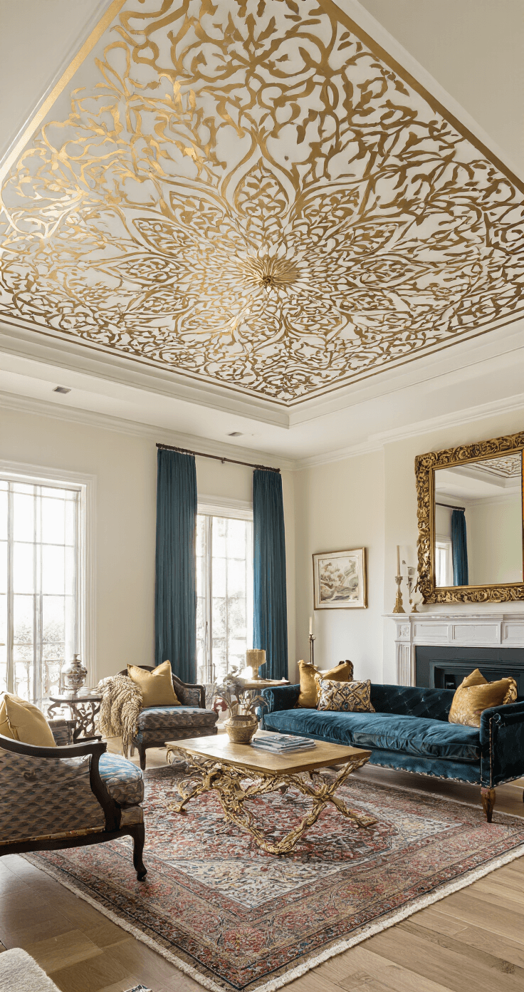 A cozy 14x16ft living room with a Moroccan-inspired metallic gold stenciled ceiling, jewel-toned furniture, and textiles, reflecting in a large mirror, illuminated by warm afternoon sunlight.