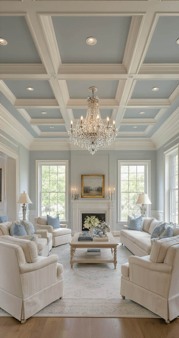 A spacious living room featuring a coffered ceiling in dove gray with white trim, illuminated by a crystal chandelier and recessed lighting, complemented by traditional cream and pale blue furniture. The elevated view showcases the ceiling's architecture and the room's elegant spatial flow.