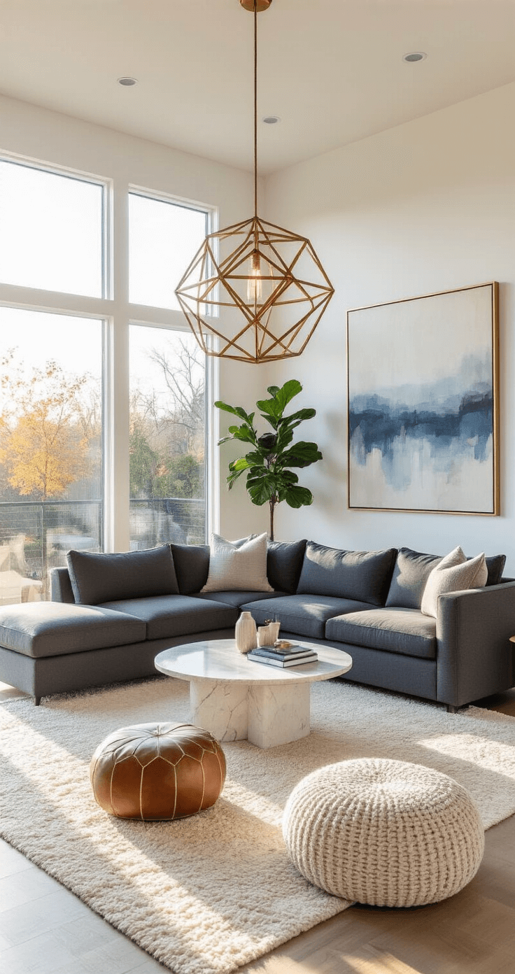 Contemporary living room with a charcoal gray sectional, marble coffee table, and brass pendant light, illuminated by golden hour sunlight streaming through floor-to-ceiling windows.