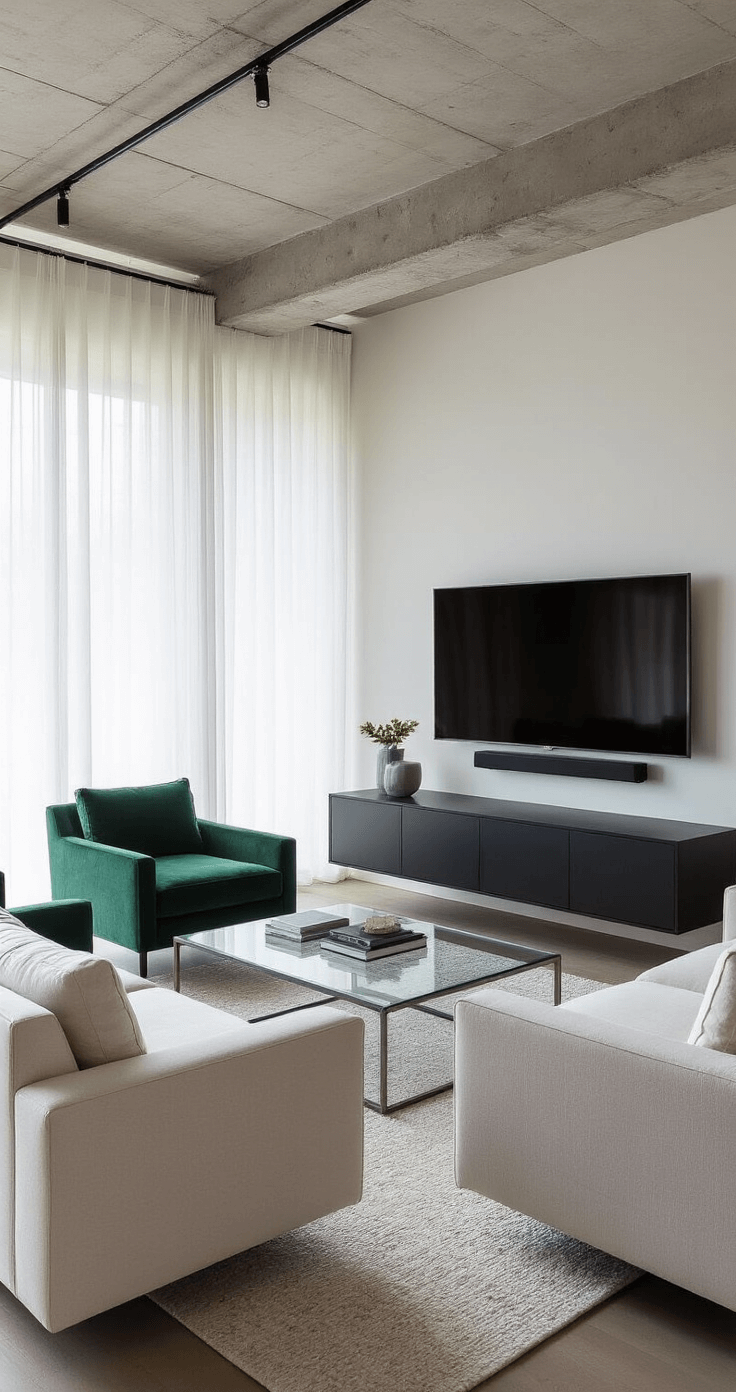 Open-concept living space with 12ft ceilings, exposed concrete beam, and a matte black floating media console under a mounted 65