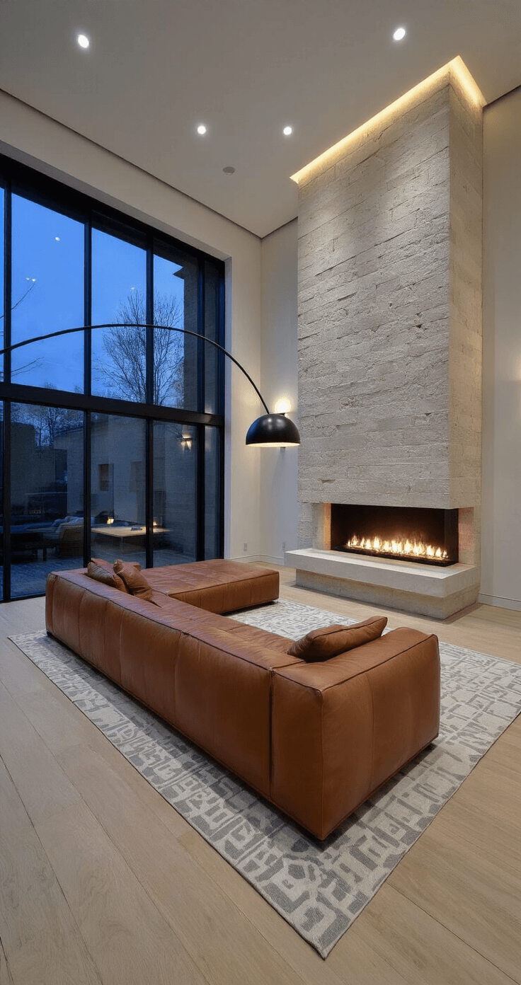 Intimate contemporary living room at dusk featuring a dramatic limestone fireplace with LED lighting, a cognac brown leather sofa, bleached oak flooring, and a geometric area rug in cream and gray. The space is illuminated by a black metal floor lamp and wall sconces, creating a cozy atmosphere that leads to an adjacent dining area.