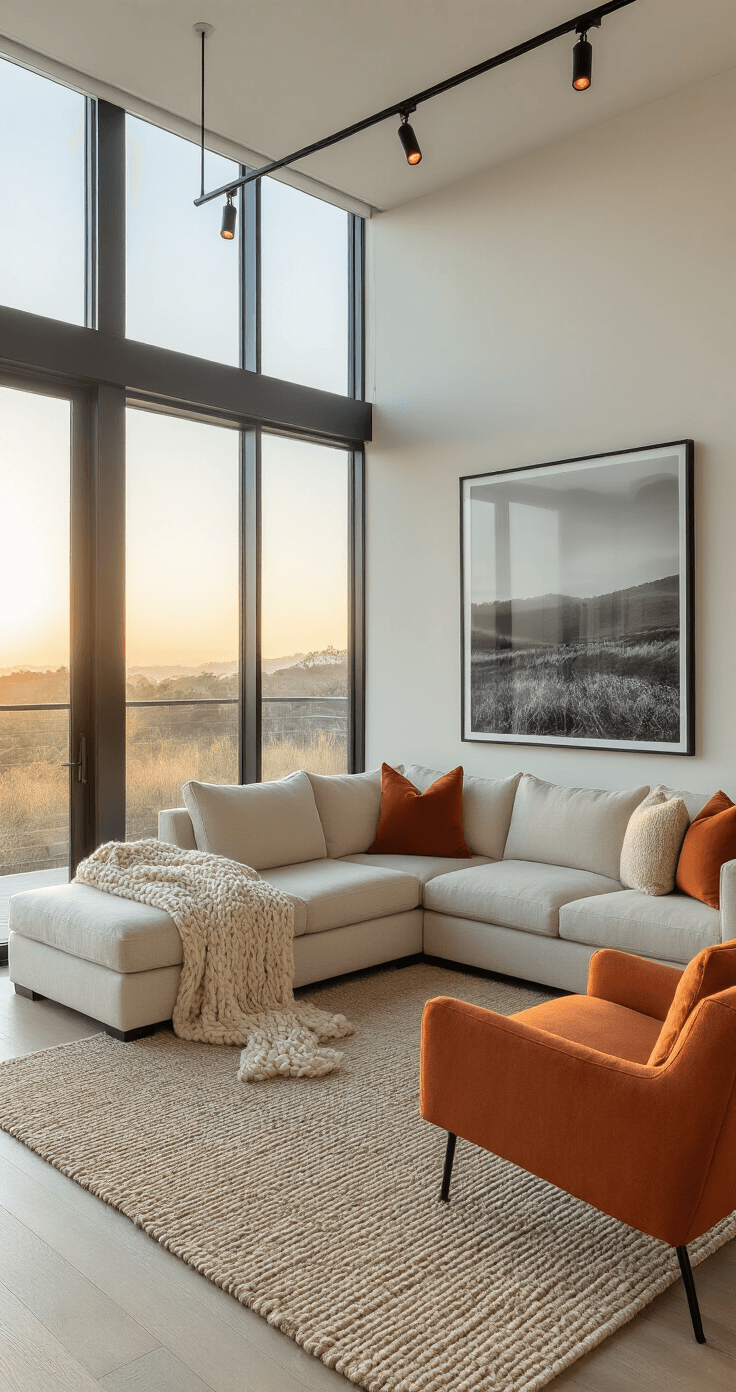 Corner living room featuring panoramic windows at sunrise, with an oatmeal linen sectional, a burnt orange accent chair, and a natural fiber rug, highlighted by suspended track lighting and textural elements like a chunky knit throw and silk pillows, along with large-scale black and white photography as a focal point.