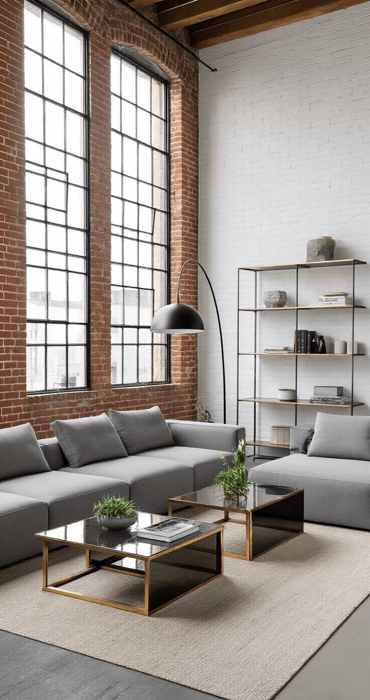 Urban loft living room featuring 16ft ceilings, exposed white brick wall, steel-framed windows, modular gray sofa, brass and smoked glass coffee tables, a sculptural matte black floor lamp, and a minimalist shelf system with curated objects and plants, all illuminated by natural light and interior lighting.