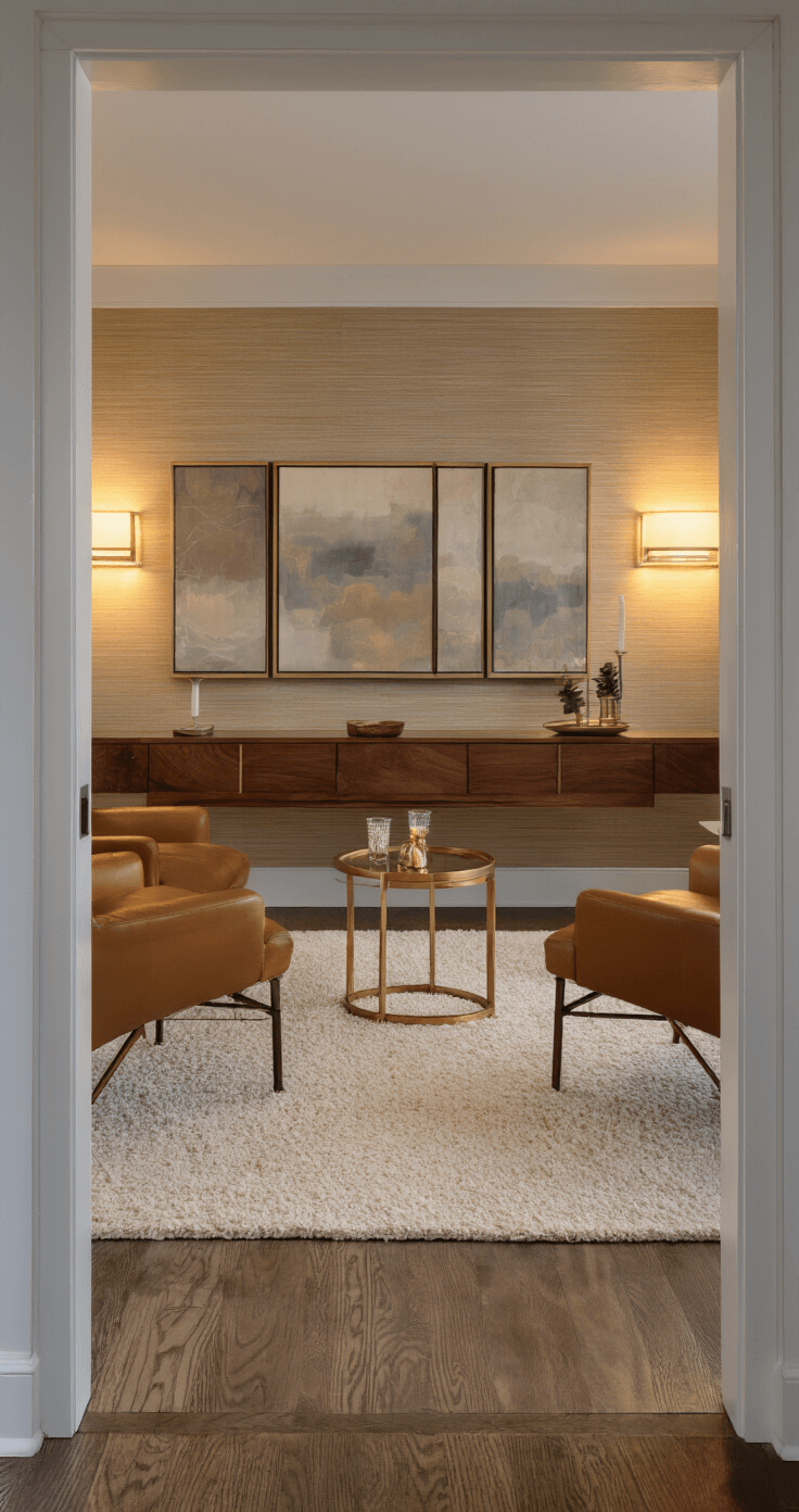 Compact luxurious living room at twilight featuring a textured grasscloth feature wall, floating walnut console, camel leather mid-century chairs, a brass drinks table, and an ivory wool area rug, with art lighting illuminating a muted abstract triptych, all creating a warm, sophisticated atmosphere.