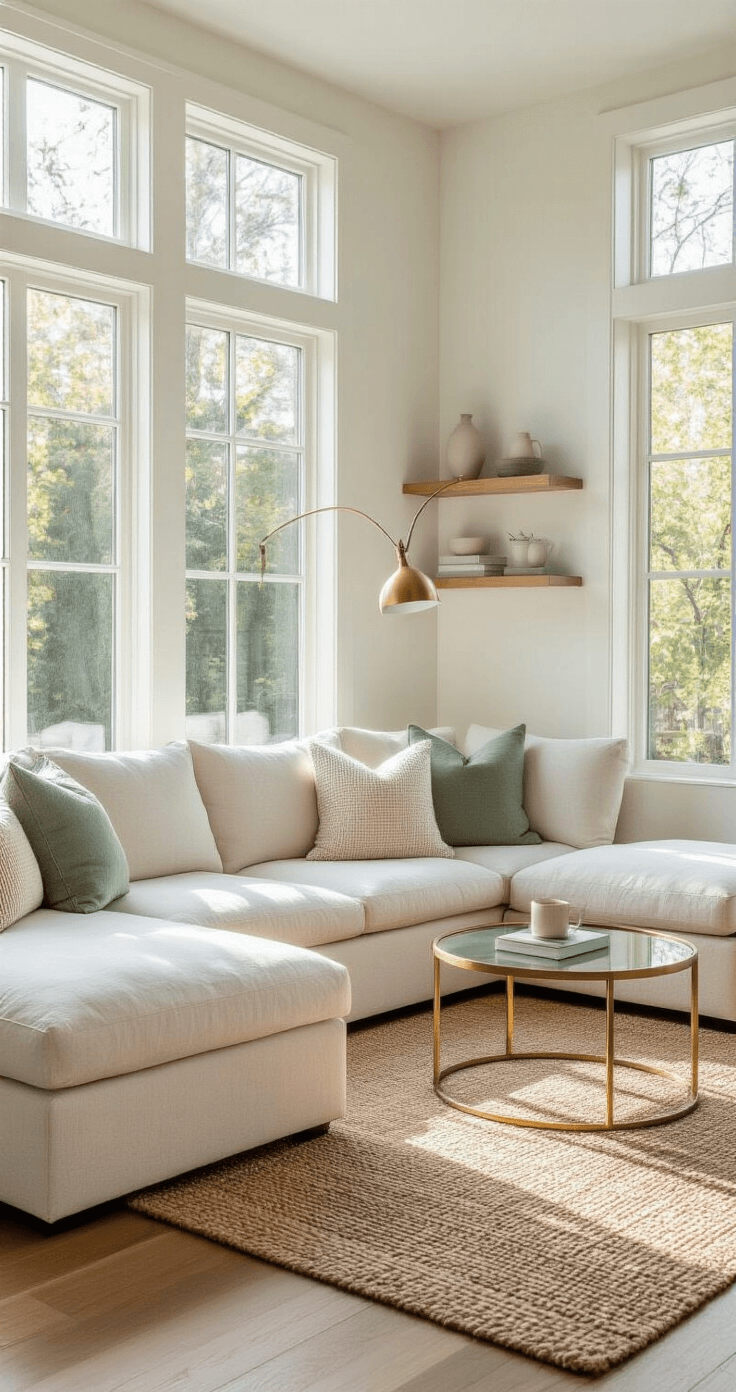 A bright living room featuring an ivory linen sectional with sage and cream pillows, a round brass coffee table, a jute rug, and vertical floating shelves, illuminated by morning sunlight through floor-to-ceiling windows.
