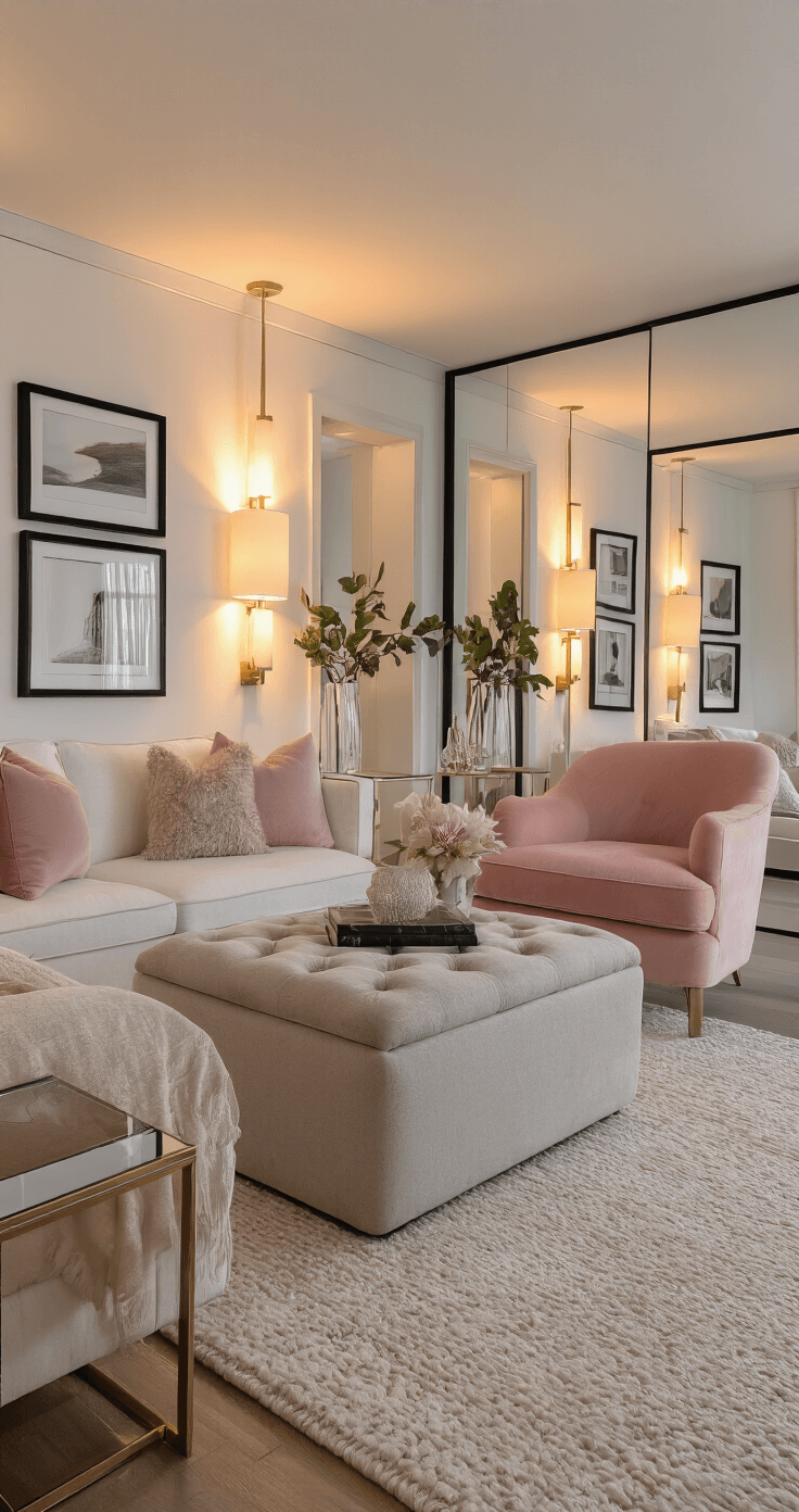 A bright, stylish living space with a warm glow from natural and ambient lighting, featuring a floating furniture arrangement with a multi-functional ottoman, a blush pink accent chair, and strategically placed mirrors, against crisp white walls and mixed metallic decor.