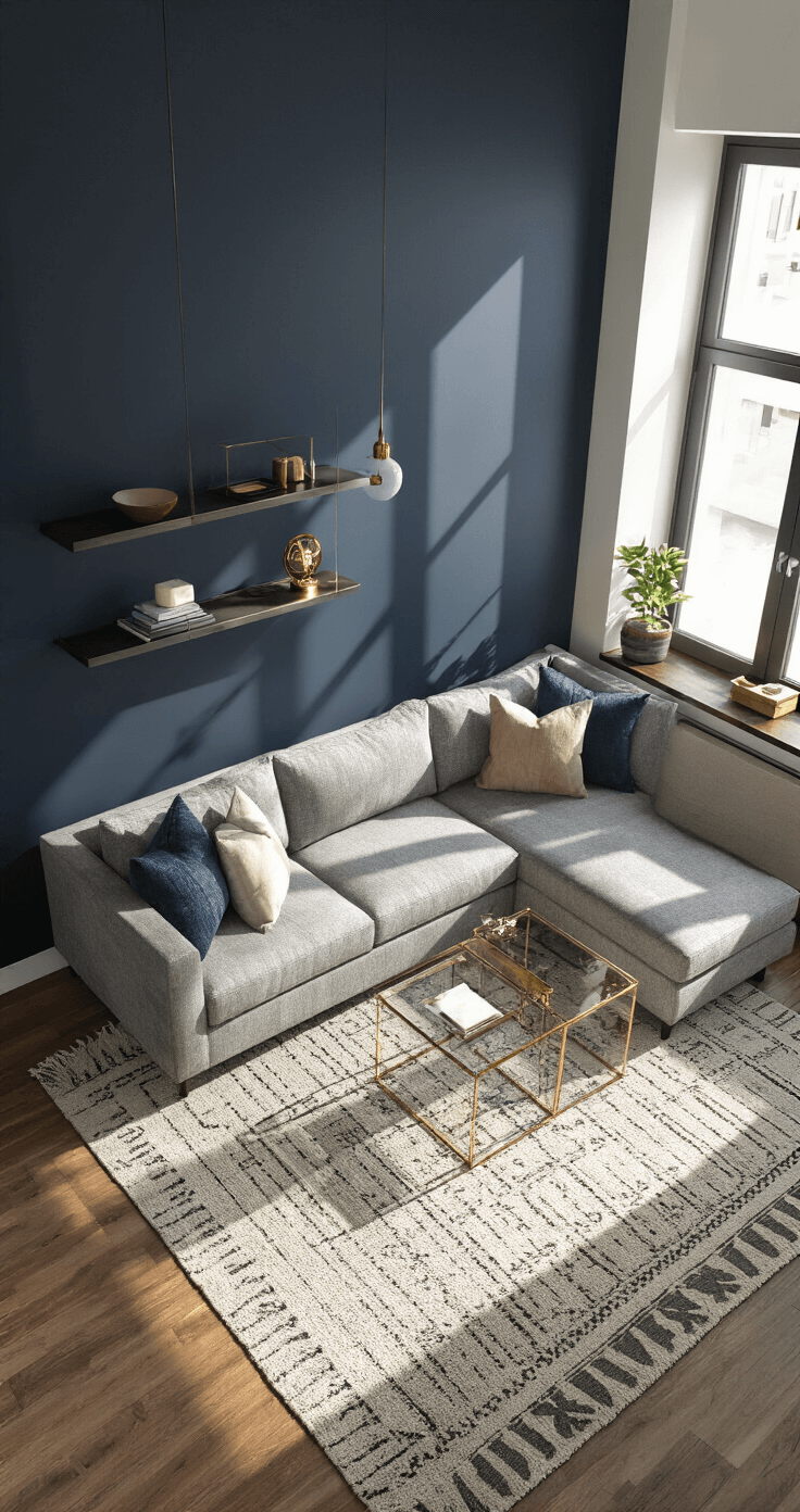 Overhead view of a compact living room featuring a one-wall design with a petite sectional in slate fabric, floor-to-ceiling matte navy built-in shelving, Lucite nesting tables, brass fixtures, and layered neutral geometric rugs, all enhanced by dramatic afternoon light and shadows.