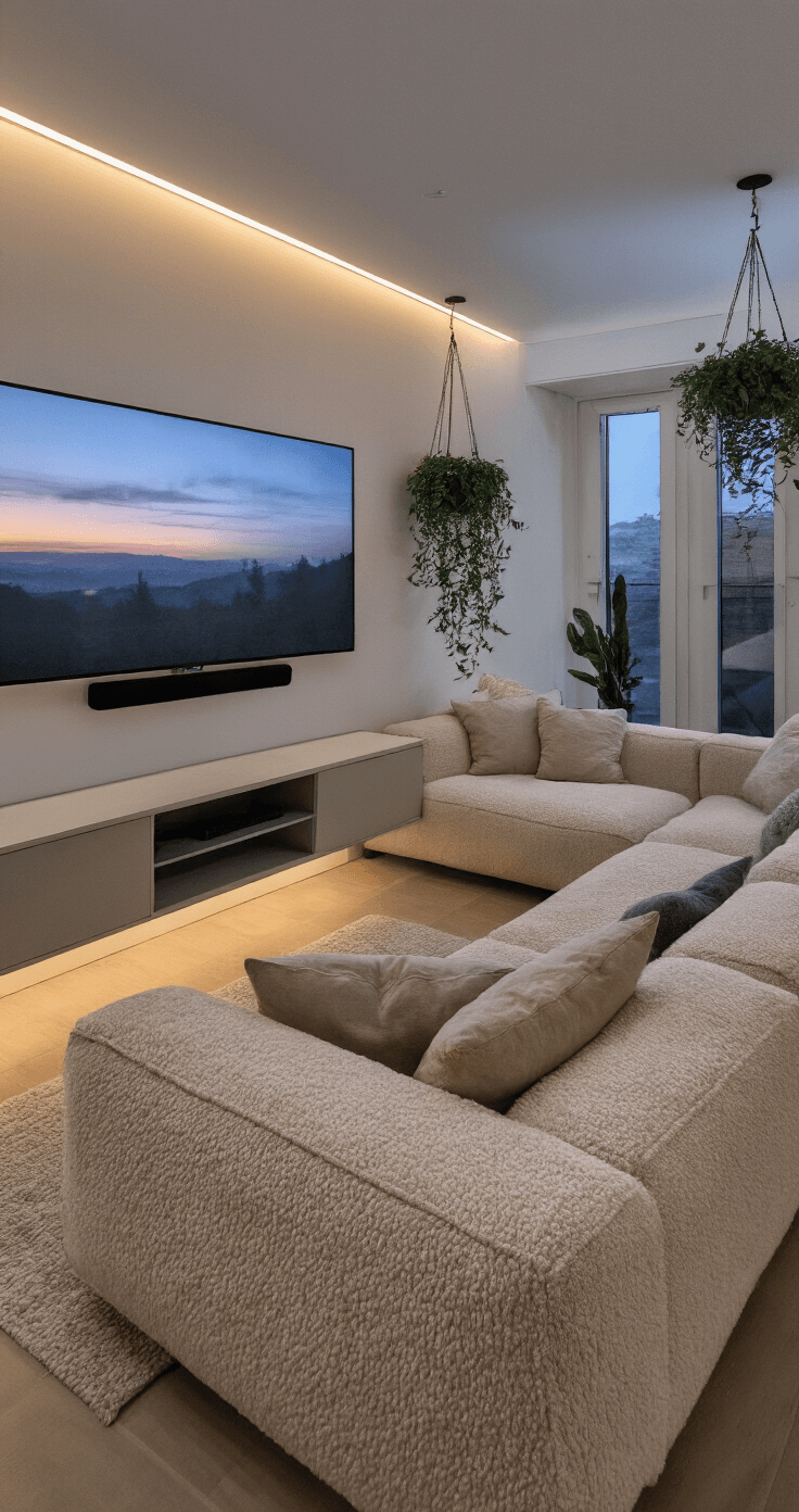 An eye-level shot of a contemporary 11x13ft living room at twilight, featuring a compact oatmeal bouclé modular sofa facing a mounted TV, with a minimalist black metal media console. Smart LED lighting delineates distinct areas, highlighting soft pillows and throws, while hanging plants enhance the organic feel without occupying floor space. The scene showcases the balance of artificial and natural light.