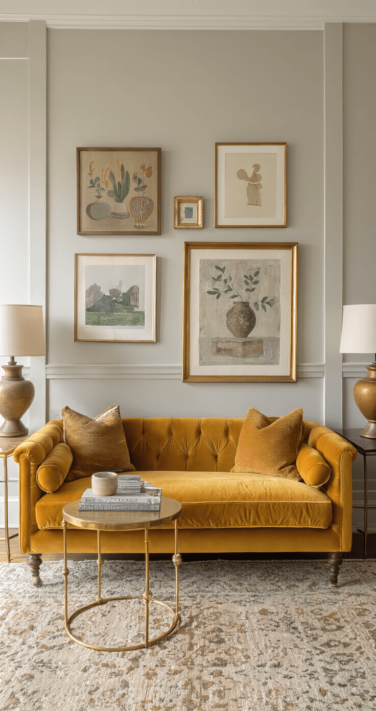 A cozy small living room featuring a mustard yellow velvet sofa, vintage brass side tables with ceramic lamps, and a gallery wall of varied art in morning light, all set against greige walls and layered textiles in earth tones.
