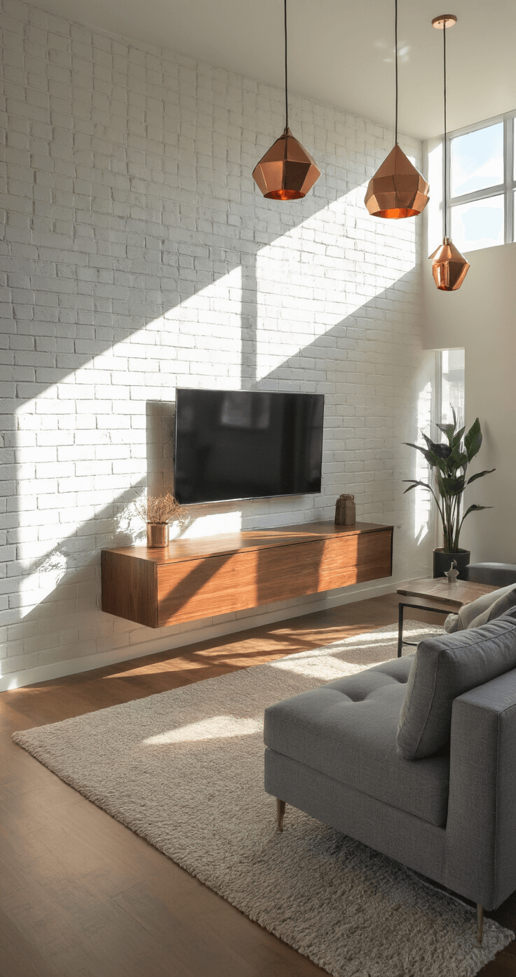 Wide architectural view of a modern small living room featuring a walnut veneer floating entertainment unit, a compact performance grey sectional, and geometric pendant lights casting shadows on white-painted brick walls, enhanced by mixed metal finishes and strategic furniture placement.