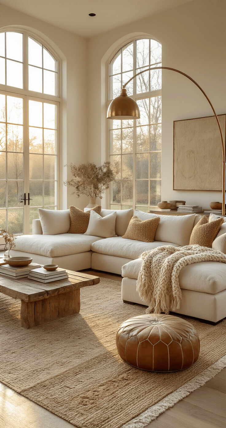 A spacious living room with golden hour light, featuring a cream linen sectional, chunky knit throws, a vintage brass floor lamp, layered Persian and jute rugs, leather poufs, and a reclaimed wood coffee table, styled with art books, ceramics, and trailing plants.