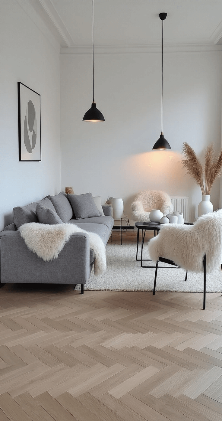 Intimate Scandinavian-inspired living space at dusk featuring pale oak herringbone floors, white walls, a low-profile grey bouclé sofa, and sheepskin-draped accent chairs, illuminated by dimmed black metal pendant lights. Decorated with white ceramic vessels, dried pampas grass, and geometric artwork, creating a serene and sophisticated minimalism.