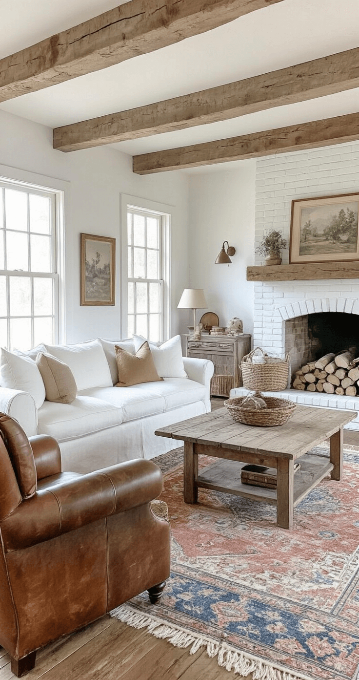 Cozy farmhouse living room bathed in morning light, featuring a slipcovered white linen sofa and vintage leather armchairs around a distressed wood coffee table, with a whitewashed brick fireplace as the focal point, layered vintage rugs in faded blues and rust tones, woven baskets, antique copper accents, and botanical prints, captured from an elevated angle to highlight the rustic comfort and textures.
