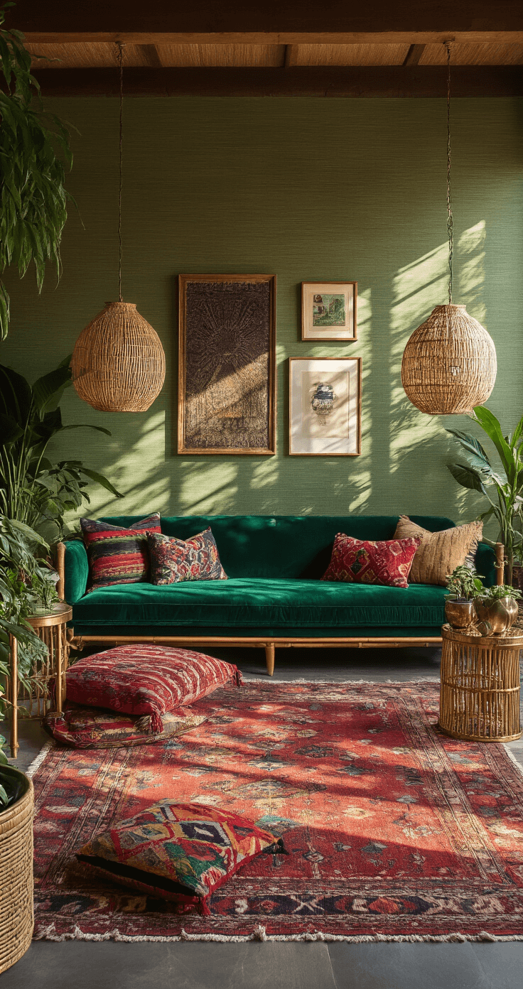 Modern bohemian living room at sunset featuring a deep emerald velvet sofa against textured grasscloth wallpaper, adorned with rich jewel-toned global textiles, rattan pendant lights, brass side tables, abundant plants, and a gallery wall of eclectic artwork.