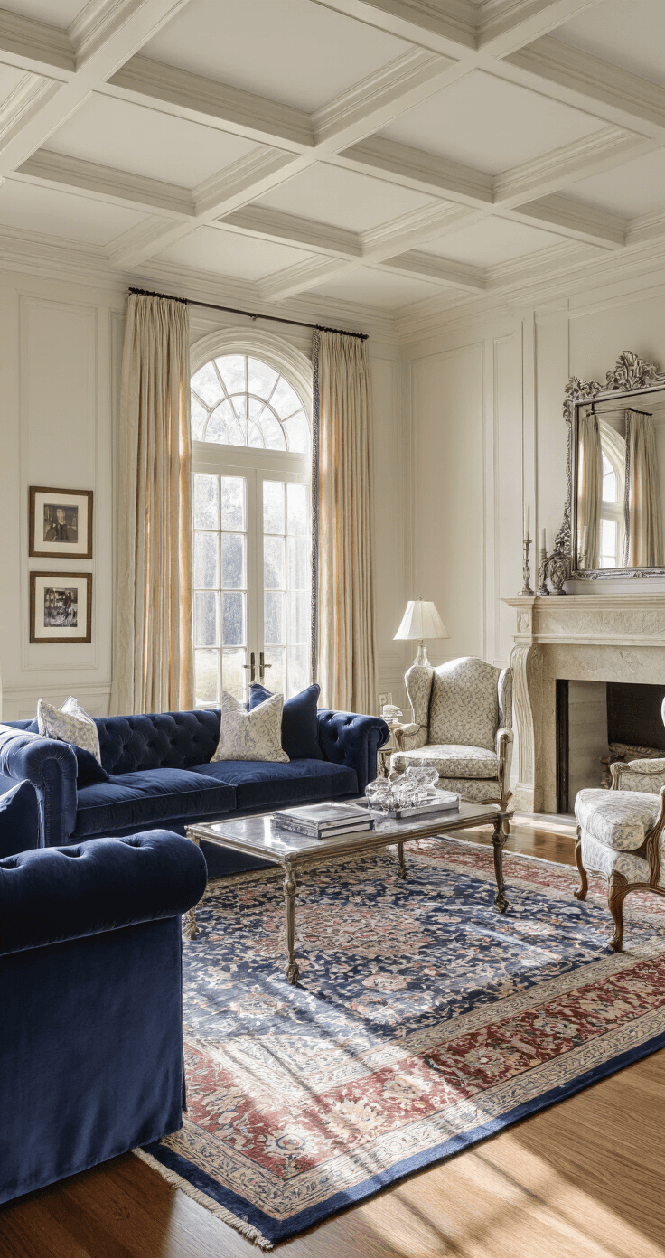 A traditional living room featuring a coffered ceiling and wainscoting, with late afternoon light streaming through silk drapes. The room includes a navy velvet roll-arm sofa, damask wingback chairs, an Oriental rug on hardwood floors, crystal table lamps, and an antique mirror above a limestone fireplace. Family photos in silver frames complete the elegant, timeless ambiance, highlighted by dramatic shadows.