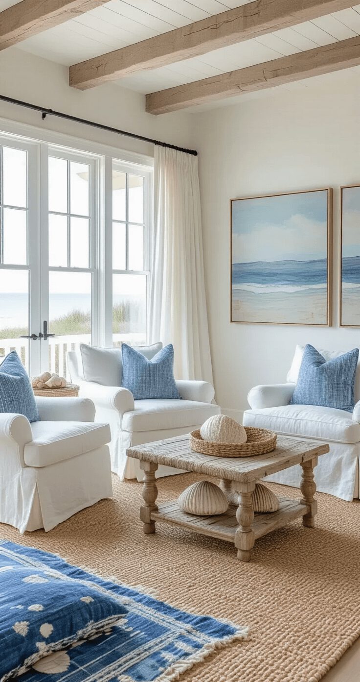 A bright and airy coastal living space featuring slip-covered linen furniture in warm white, distressed blue accent chairs, and a sisal rug layered with vintage indigo textiles, with whitewashed wood beams and shell collections under glass, and abstract seascape artwork, all illuminated by natural light and breezy gauzy curtains.