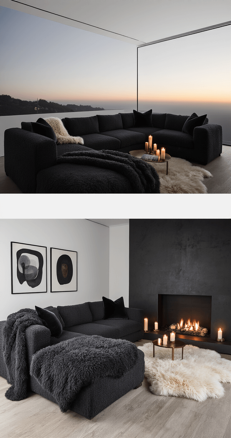 A cozy den at twilight featuring a charcoal bouclé sectional with alpaca throws and velvet cushions, a blackened steel fireplace surrounded by candles, and mixed metallic accents. Plush sheepskin rugs and minimalist art enhance the intimate atmosphere illuminated by soft, dim lighting in warm, inviting corners.
