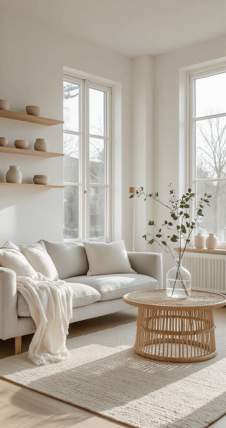 A bright, serene Scandinavian living room featuring a light gray linen sofa, natural oak floating shelves, and a round rattan coffee table on a cream wool rug, captured at golden hour with soft sunlight casting shadows on white oak flooring.