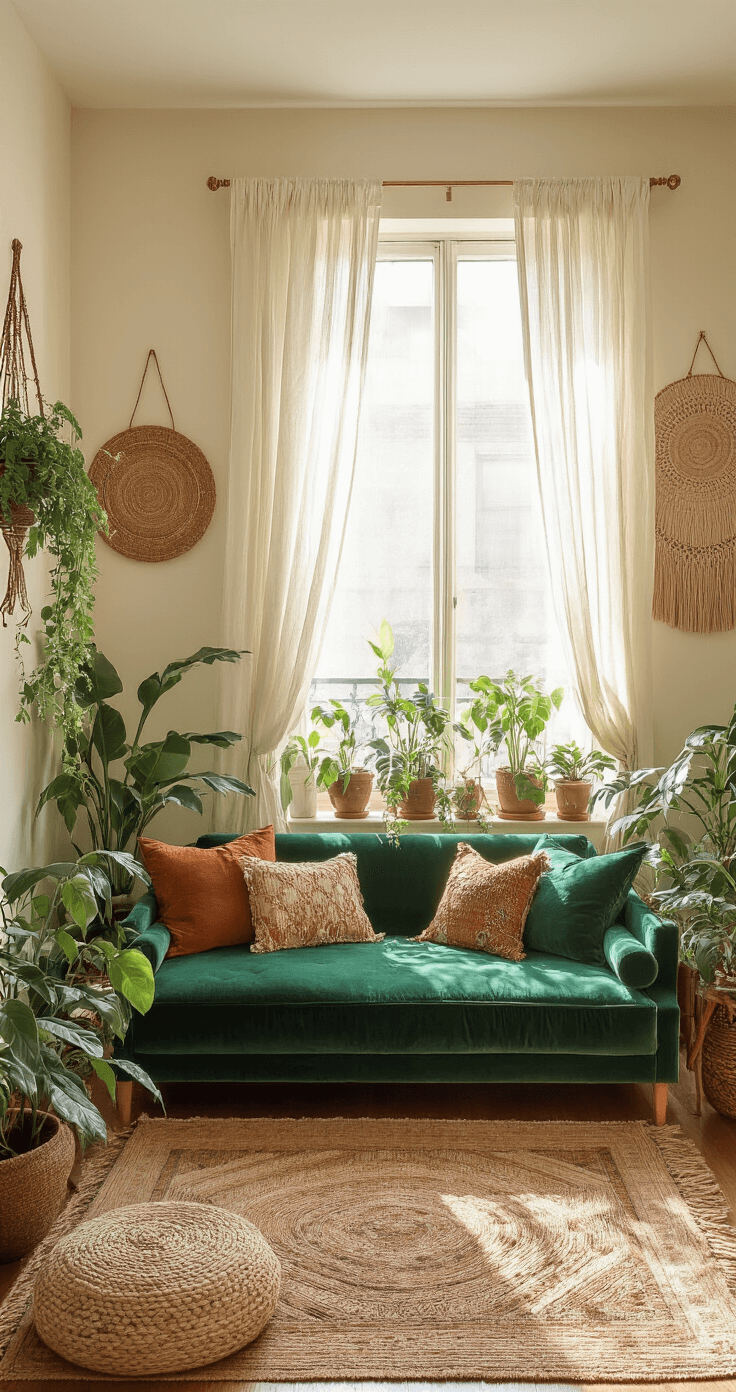 A cozy boho-style living room in a small corner apartment, featuring an emerald velvet loveseat against ivory walls, adorned with woven wall hangings, layered rugs, abundant potted plants, and warm metallic accents, all illuminated by late morning light.