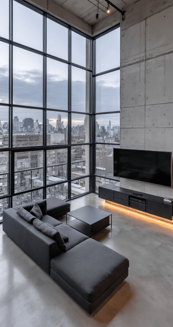 A minimalist open concept urban apartment featuring a charcoal sectional facing large windows with twilight city views, polished concrete floors, and a black metal media console, all designed with a focus on clean lines and textures like brushed metal and frosted glass.