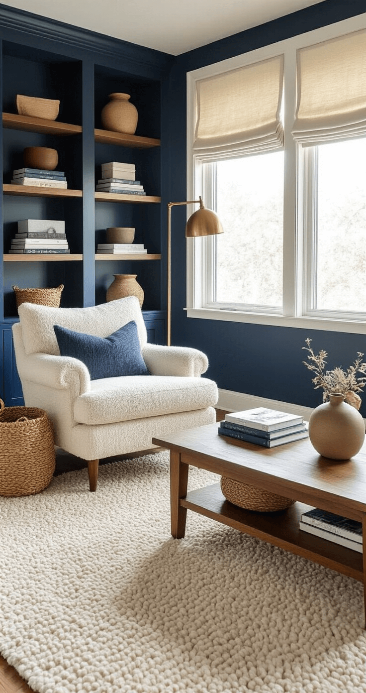 A cozy contemporary living space featuring an oversized oatmeal bouclé armchair beside a brass floor lamp, with a walnut mid-century coffee table on a plush cream area rug. Built-in bookshelves frame a navy accent wall, styled with stacked art books, ceramic vessels, and woven baskets, all illuminated by natural light filtering through roman shades.