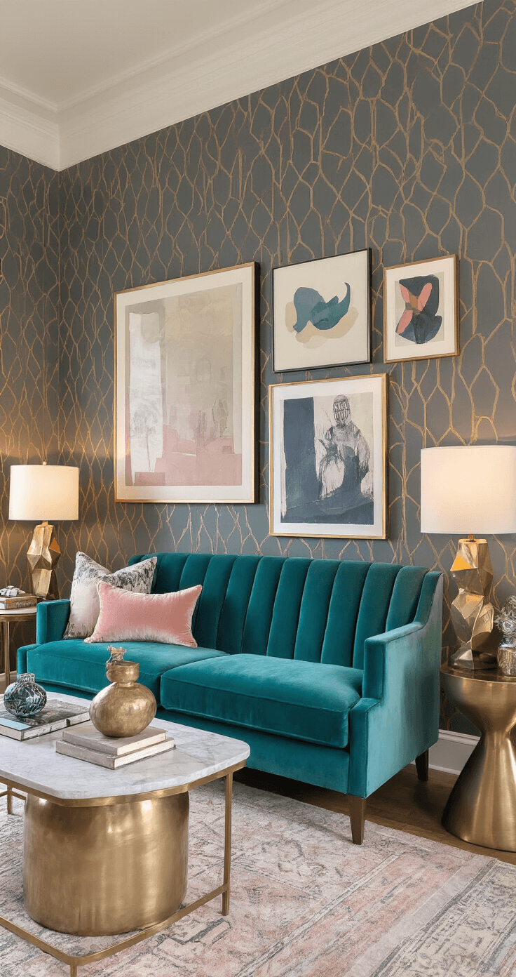 A cozy 225 sq ft creative space featuring a teal channel-tufted sofa facing vintage art prints, with mixed metal side tables and sculptural table lamps, geometric wallpaper accenting a focal wall, and layered modern and vintage decor in a color palette of teal, blush pink, aged gold, and charcoal, illuminated by dusk lighting.
