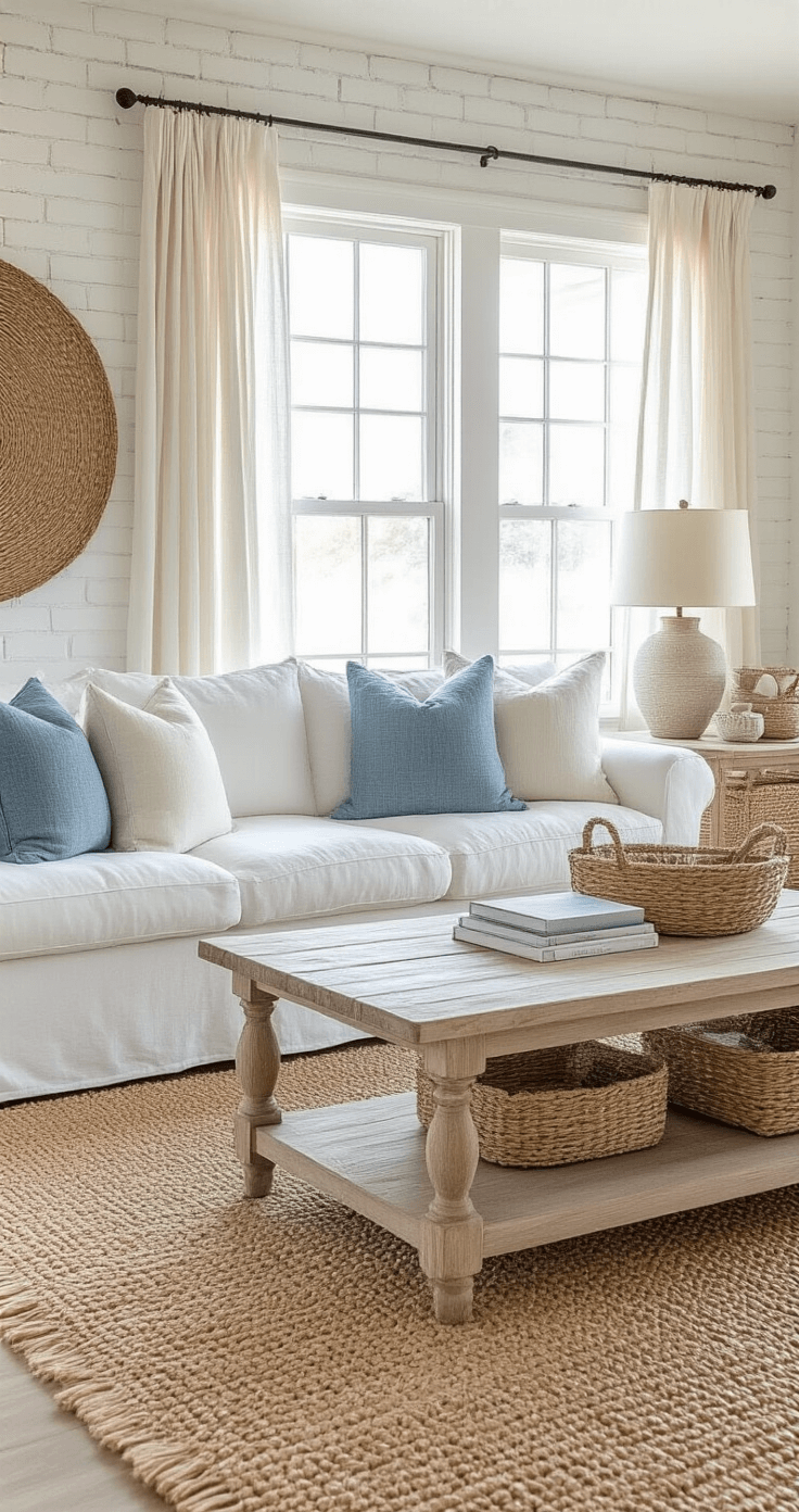 A cozy 190 sq ft coastal-inspired room featuring a slipcovered white sofa, bleached wood coffee table, and casual sisal rug layered under a vintage overdyed Persian rug. The whitewashed brick accent wall adds texture, while driftwood art, seagrass baskets, and linen curtains enhance the coastal theme. The warm color palette includes shades of white, bleached wood, ocean blue, and sandy beige, captured at standing height to showcase the full room depth.