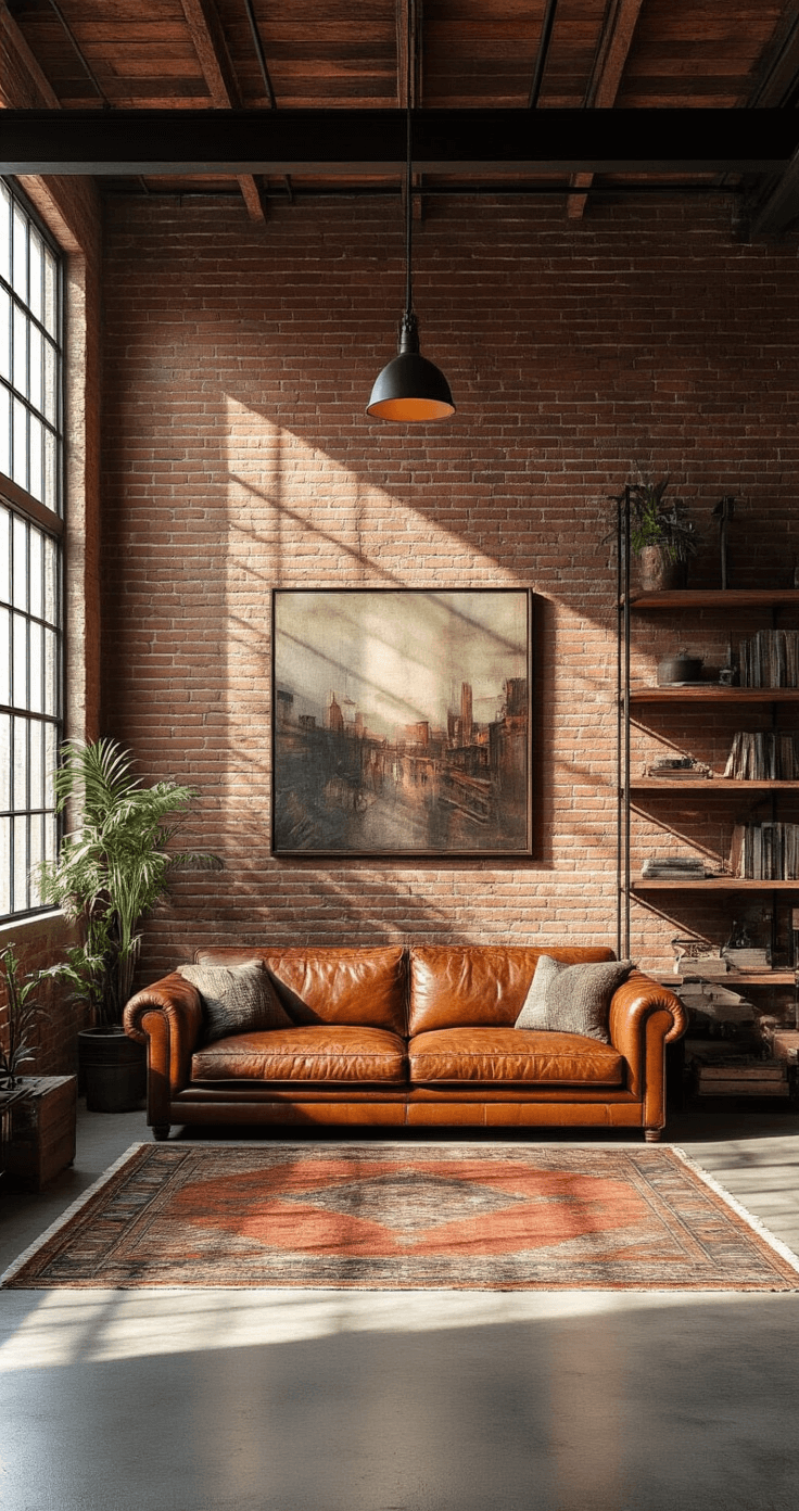 Late afternoon light casts dramatic shadows in a stylish 275 sq ft industrial loft, featuring a cognac leather sofa against exposed brick walls, salvaged wood and steel shelving displaying art, and polished concrete floors. Vintage rugs and plants soften the industrial elements, with a rich color palette of cognac, rust, and warm woods.