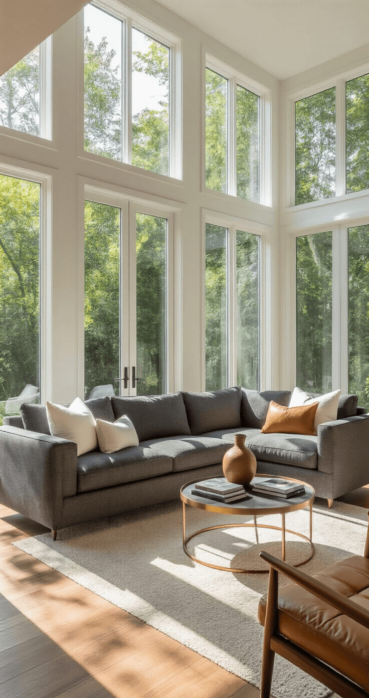 A contemporary living room corner with a charcoal gray L-shaped sofa, warm walnut floors, floor-to-ceiling windows, and a brass-framed coffee table, bathed in natural light and soft ambient lighting.