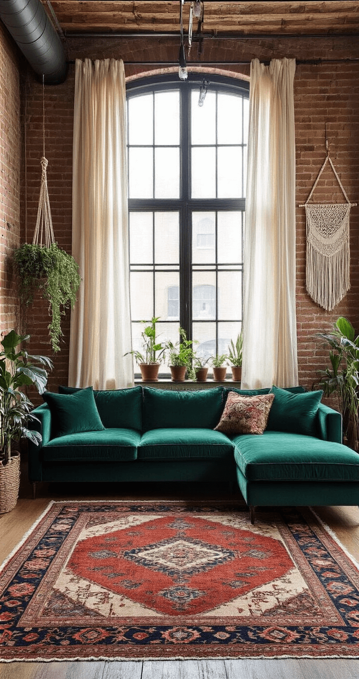 A wide-angle view of a 15x30ft open-concept space featuring exposed brick walls and industrial windows, with a deep emerald velvet L-shaped sofa at the center, layered vintage Persian rugs, macramé wall hangings, and trailing plants, all illuminated by morning light filtering through sheer linen curtains.