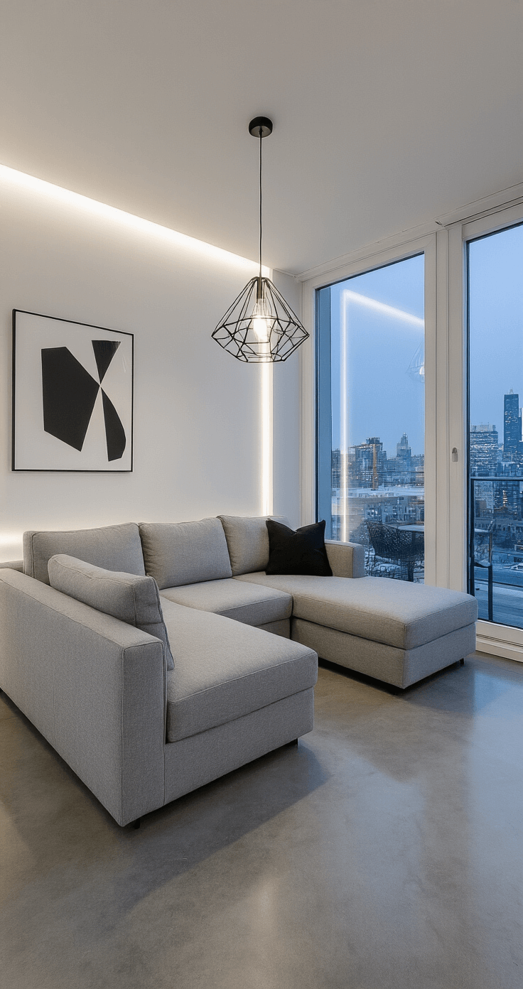 A minimalist urban apartment living room featuring a light gray L-shaped sofa, polished concrete floors, white walls, and black metal accent furniture, illuminated by built-in LED strips and a geometric pendant lamp, with city lights visible through the windows during blue hour.