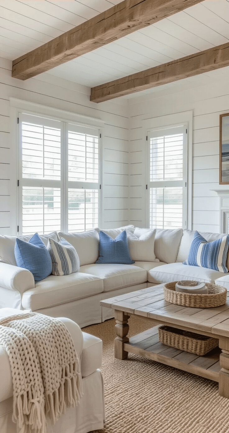 A cozy coastal farmhouse living room featuring shiplap walls and weathered oak beams, with an oversized ivory linen L-shaped sofa, blue-striped pillows, and cozy knit throws, alongside rustic whitewashed side tables and a reclaimed wood coffee table, all bathed in soft afternoon light.