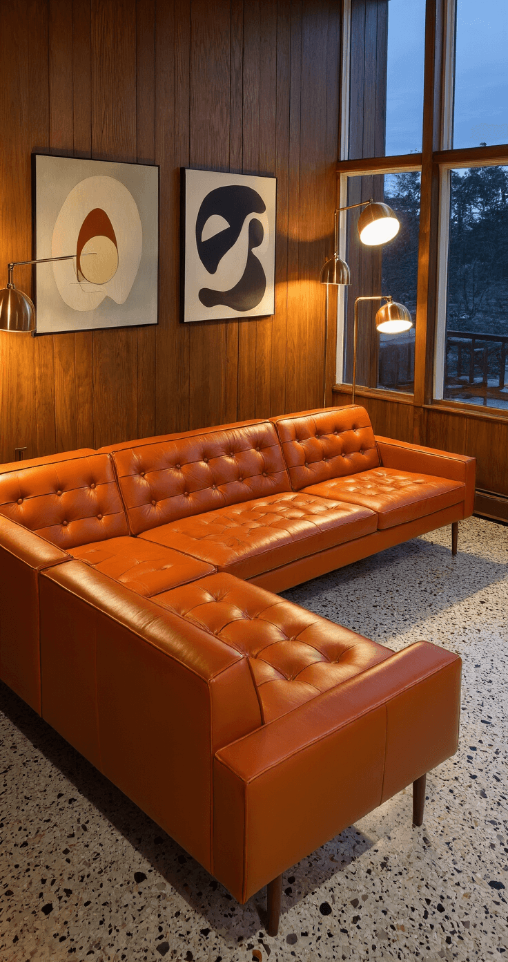 A stylish Mid-Century Modern lounge showcasing walnut paneled walls, terrazzo flooring, and a burnt orange leather L-shaped sofa with tufted details, illuminated by dusk lighting and warm accent lamps, with abstract art and dramatic shadows enhancing the vintage ambiance.