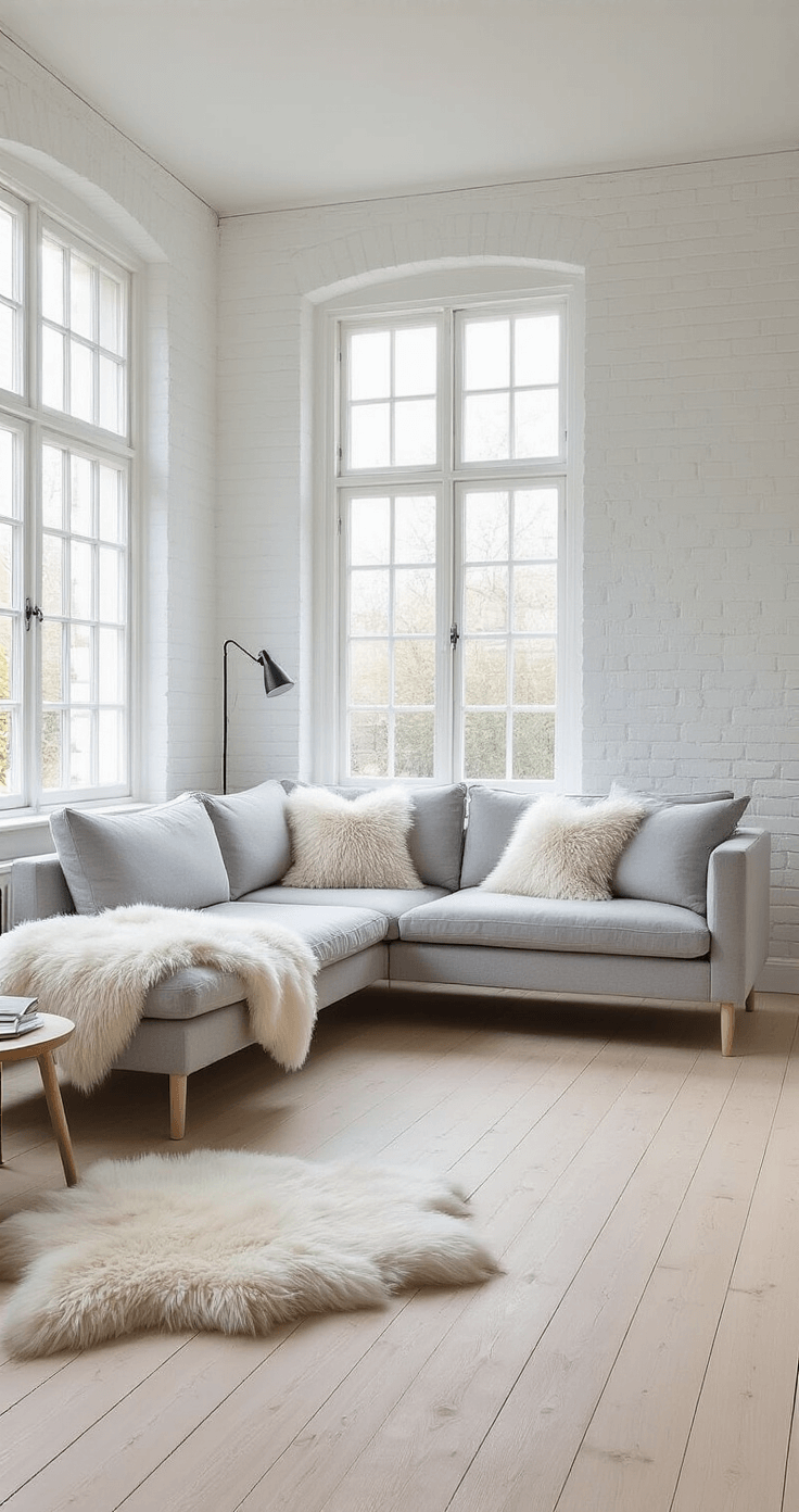 A bright Scandinavian-inspired living room featuring pale oak floors, white-painted brick walls, and a light gray L-shaped sofa adorned with sheepskin throws, illuminated by natural morning light.