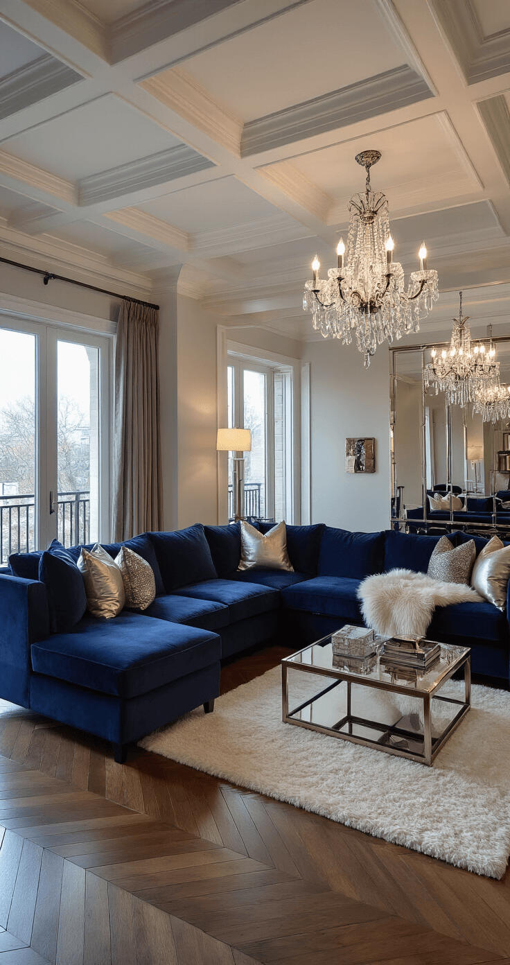 Luxe contemporary suite featuring herringbone hardwood floors and coffered ceilings, with a deep navy velvet L-shaped sofa adorned with metallic pillows and faux fur throws, illuminated by a crystal chandelier, creating an intimate evening atmosphere.