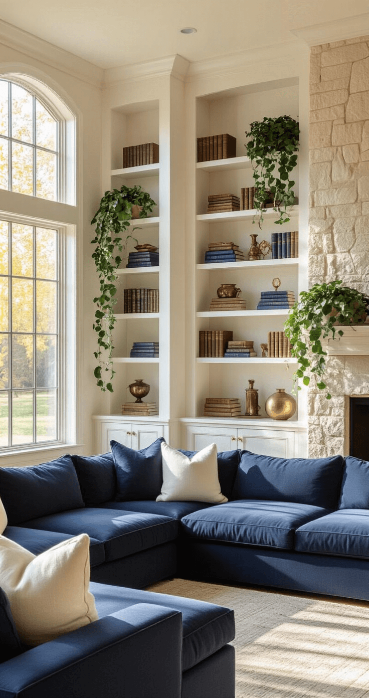 Transforming Your Living Room: The Ultimate Guide to Built-in Shelves A warm, sun-drenched living room featuring floor-to-ceiling built-in white shelves beside a limestone fireplace, with late afternoon golden light streaming through tall windows. The shelves are adorned with leather-bound books, brass objects, and trailing pothos plants. A plush navy sectional sofa with ivory bouclé pillows anchors the room, and the shelving displays books in cream, blue, and brown tones. The image is shot from a low corner angle, highlighting the architectural grandeur of the space, enhanced by natural light and soft ambient lighting, creating a sophisticated yet inviting mood.
