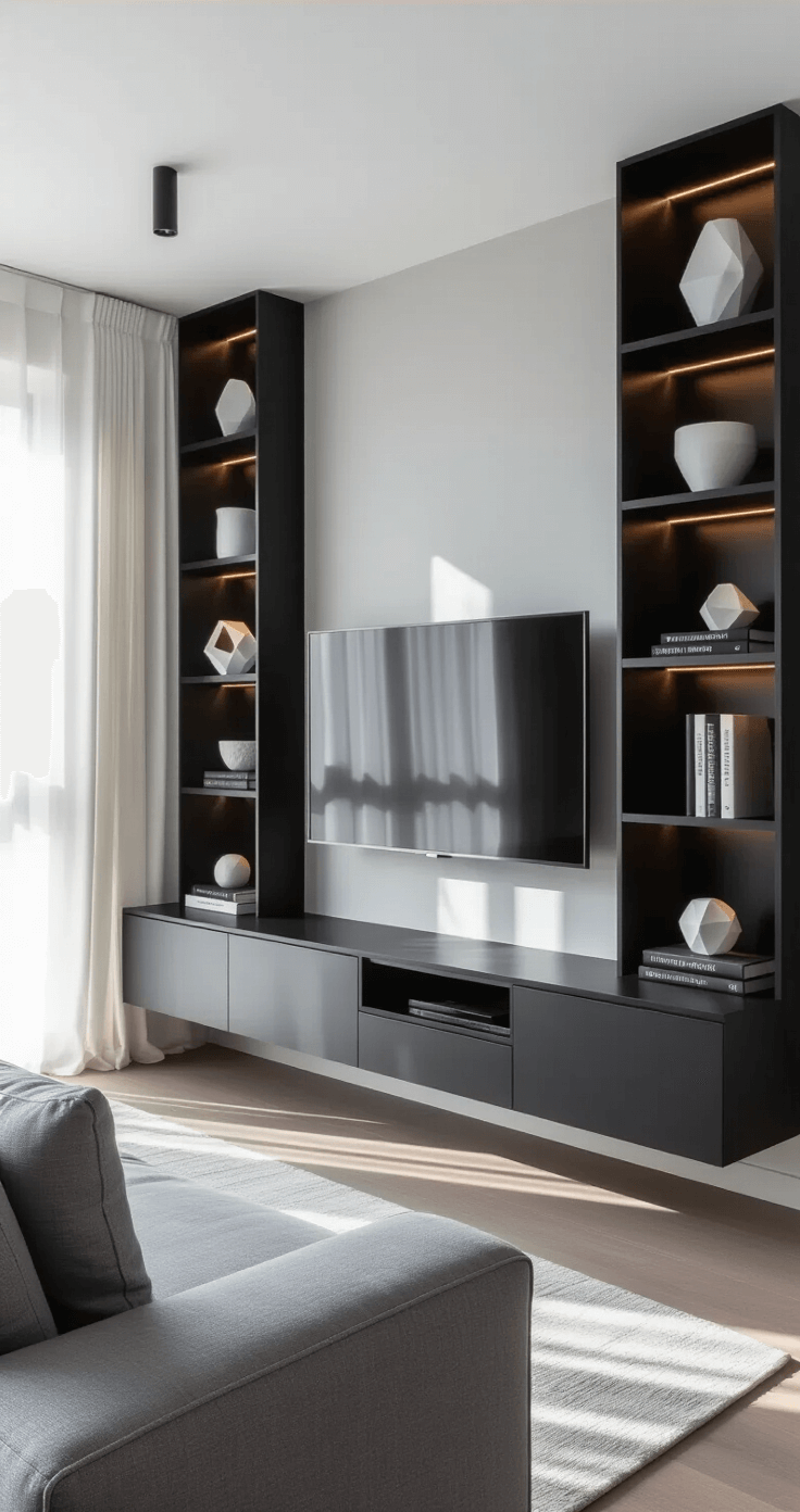 Transforming Your Living Room: The Ultimate Guide to Built-in Shelves A modern minimalist living space featuring a low-profile gray linen sofa facing a wall-mounted 65