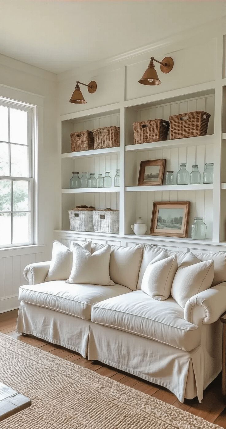 Transforming Your Living Room: The Ultimate Guide to Built-in Shelves Cozy farmhouse-style living room featuring distressed white built-ins with vintage decor, a slouchy linen sofa, and warm natural lighting.