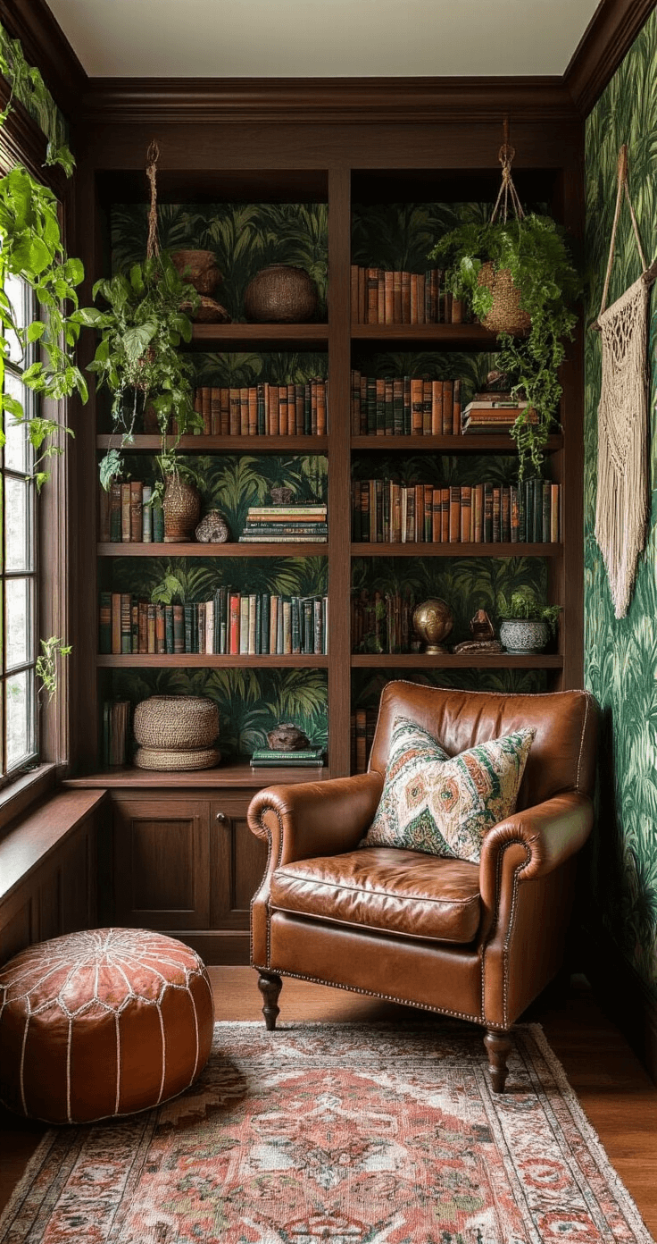 Transforming Your Living Room: The Ultimate Guide to Built-in Shelves Cozy bohemian reading nook featuring dark walnut built-in shelves with emerald palm print wallpaper, filled with color-coded books and global artifacts, a vintage leather chair, Moroccan floor pouf, and macramé wall hangings, illuminated by golden hour lighting in an intimate, eclectic atmosphere.