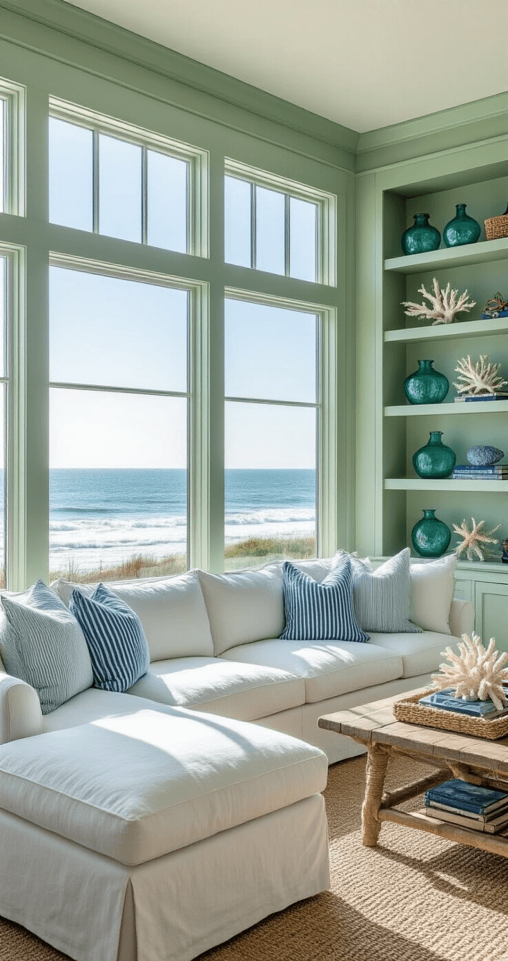 Transforming Your Living Room: The Ultimate Guide to Built-in Shelves Coastal living room with sage green built-ins, large picture windows showing white-capped waves, and a white slip-covered sectional with blue striped pillows. Decorated with blue-green glass collections, coral specimens, and nautical books, featuring rope details and driftwood accents, exuding a breezy and relaxed atmosphere.