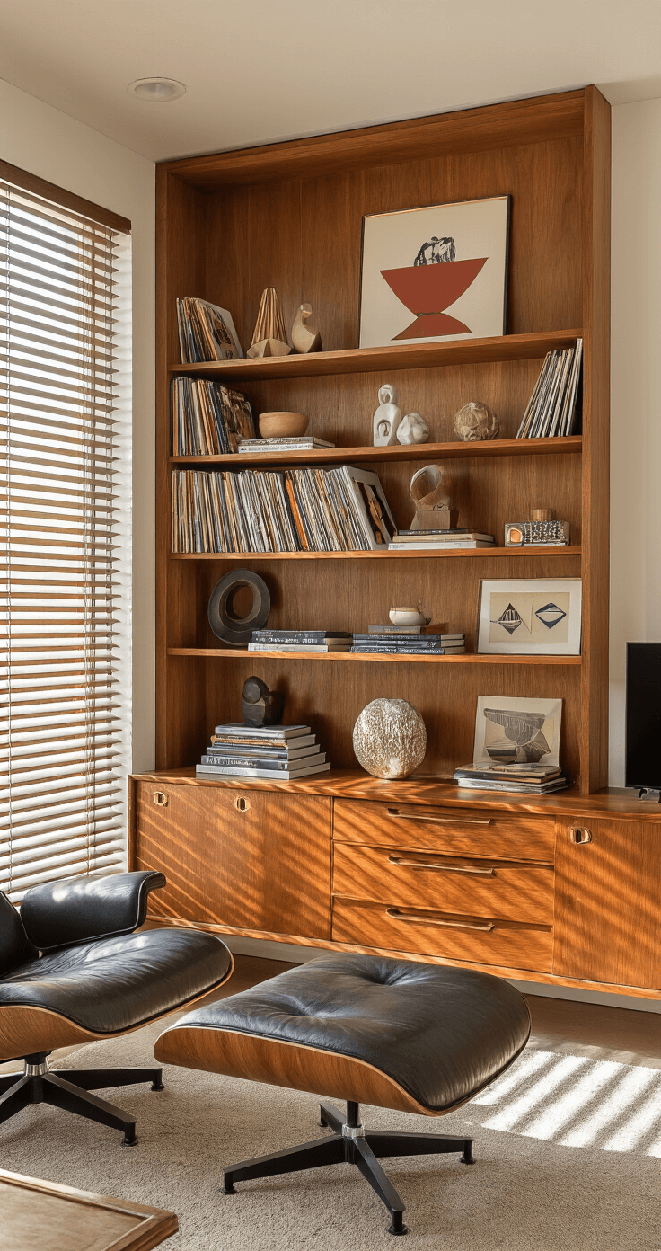 Transforming Your Living Room: The Ultimate Guide to Built-in Shelves A mid-century modern living space featuring teak built-ins with brass inlays, showcasing vintage records and modernist sculptures. An Eames lounge chair is in the reading corner, surrounded by geometric pottery and abstract art. The scene is illuminated by afternoon light filtering through wooden slat blinds, captured from an above corner angle to highlight the sophisticated retro furniture arrangement.