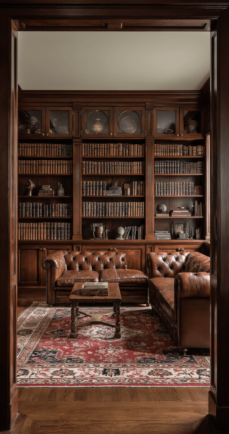 Transforming Your Living Room: The Ultimate Guide to Built-in Shelves Cozy traditional library living room featuring mahogany built-ins with glass-front cabinets, filled with leather-bound books and antiques. A cognac leather Chesterfield sofa is centered on a jewel-toned Oriental rug, illuminated by ambient lighting and focused shelf spots, creating a timeless elegance in the dim, rainy atmosphere.