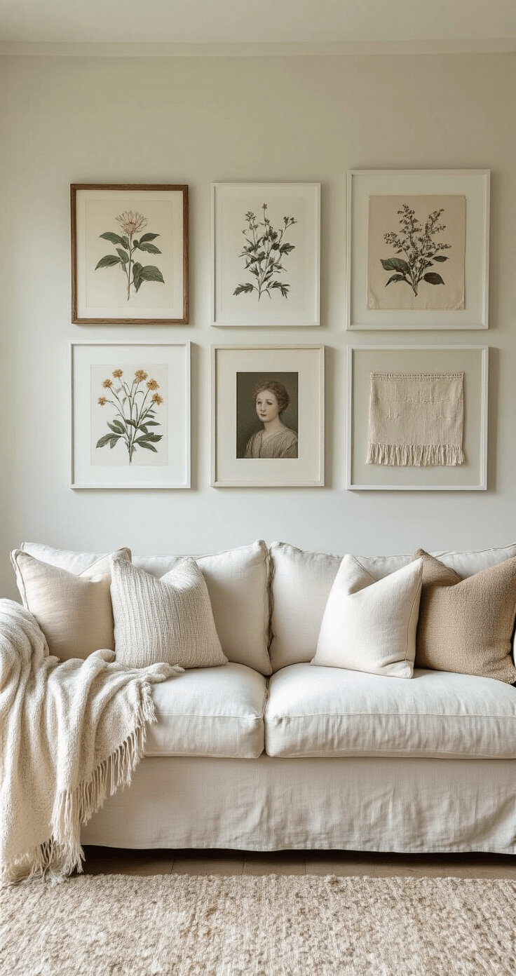 Modern farmhouse living room bathed in morning light, featuring a gallery wall of 12 mixed-framed art pieces, a cream linen sofa with textured throws, captured from a slight upward angle.