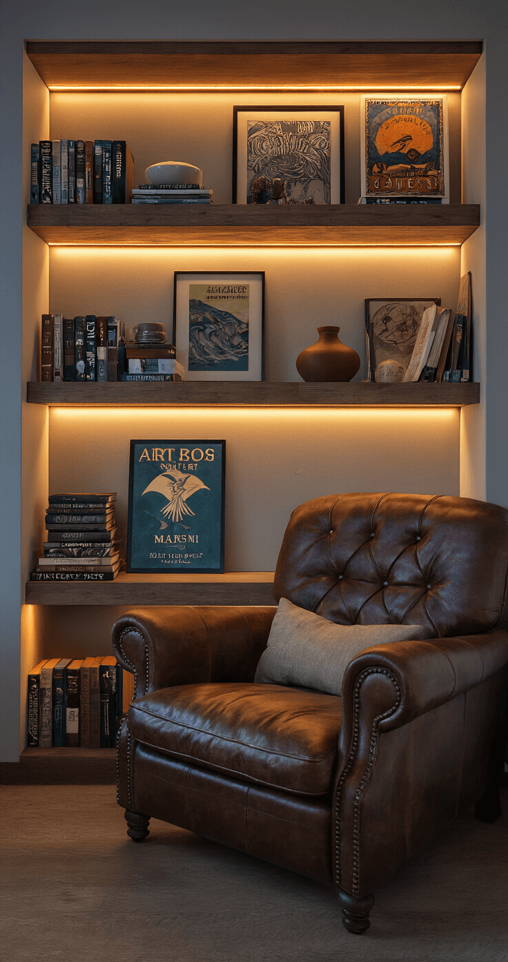 A cozy reading nook featuring floating wood shelves filled with art books, ceramics, and vintage travel posters, with a cognac leather reading chair below. The scene is set at dusk, illuminated by warm LED picture lights, shot at eye level with a shallow depth of field focusing on the central shelf arrangement.